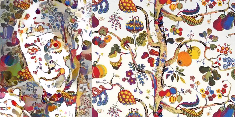 A portrait of Frank Lloyd Wright rendered in the colourful, floral style of a Josef Frank textile pattern.
