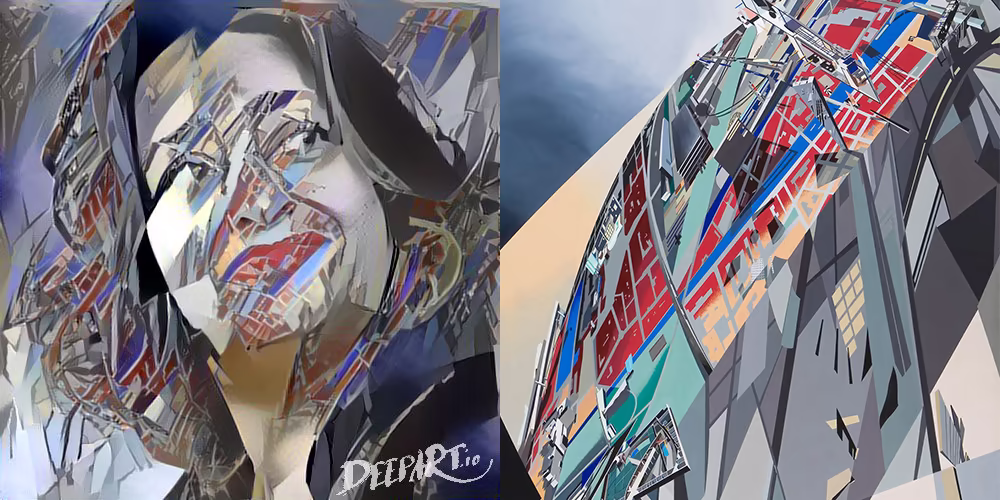 A portrait of Zaha Hadid rendered in the deconstructivist style of one of her architectural paintings.