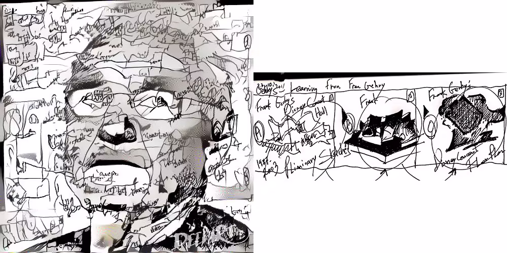 A portrait of Frank Gehry rendered in the style of his own deconstructivist architectural sketches.