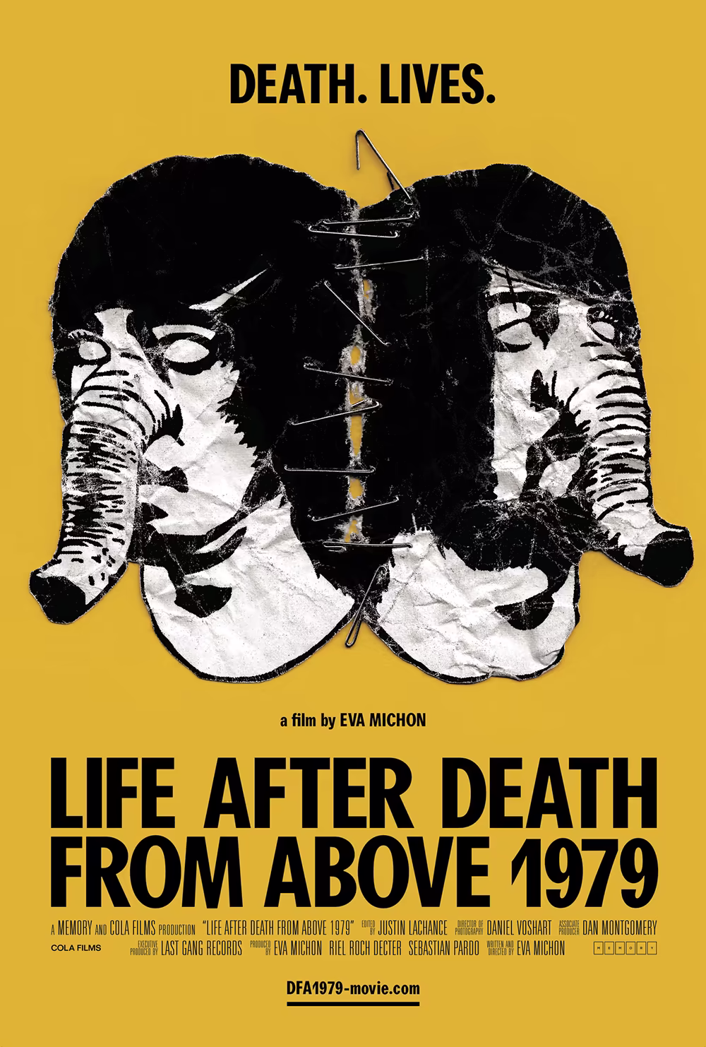 The official poster for the documentary Life After Death From Above 1979, showing a torn and stapled image of two elephant-headed figures.