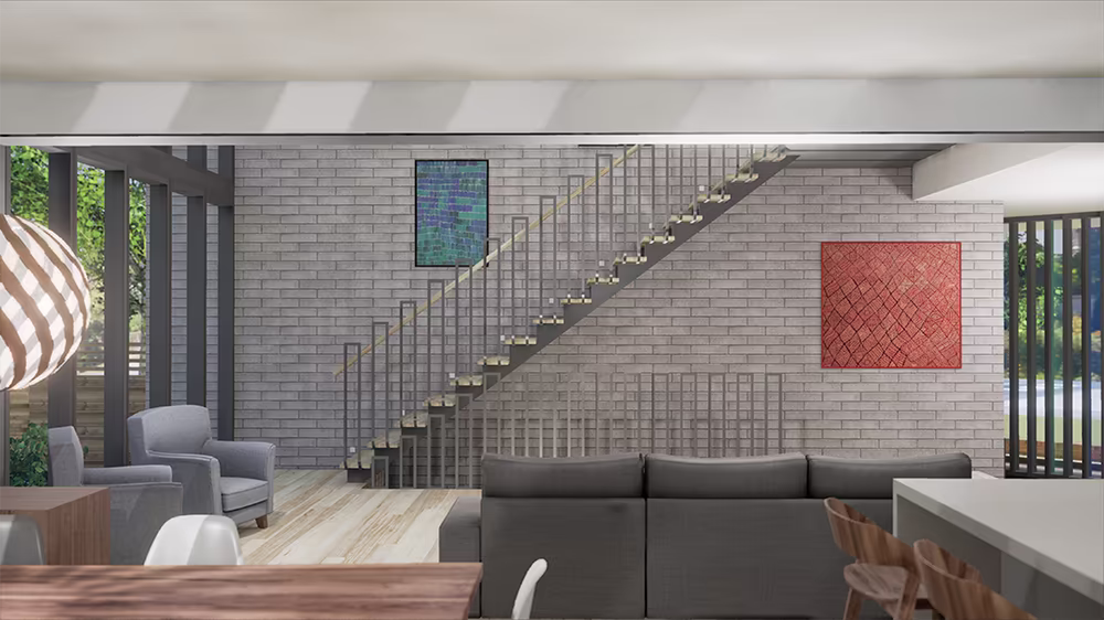 Virtual reality rendering of the same interior view, used for pre-visualization of space, materials, and sightlines.