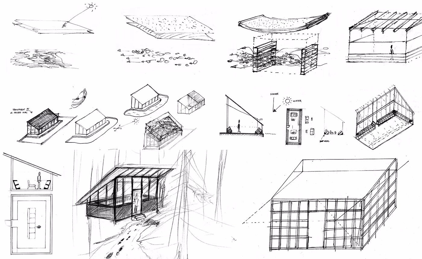 A collage of architectural sketches showing the development of the library's form, from initial concepts of light and shadow to more detailed structural and spatial diagrams.