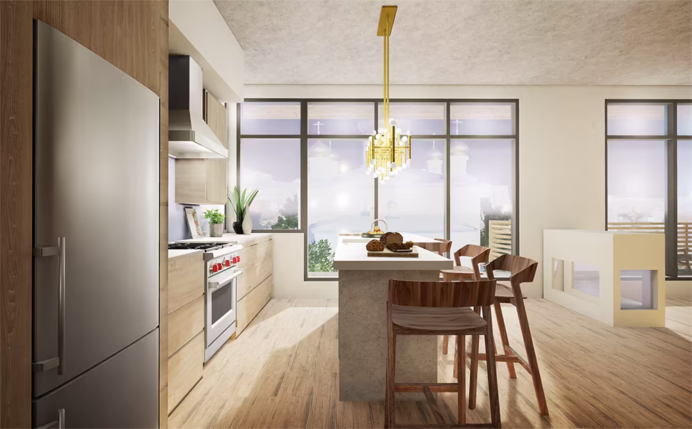A real-time rendering of a modern loft interior from the Mechanicsville Lofts VR experience.